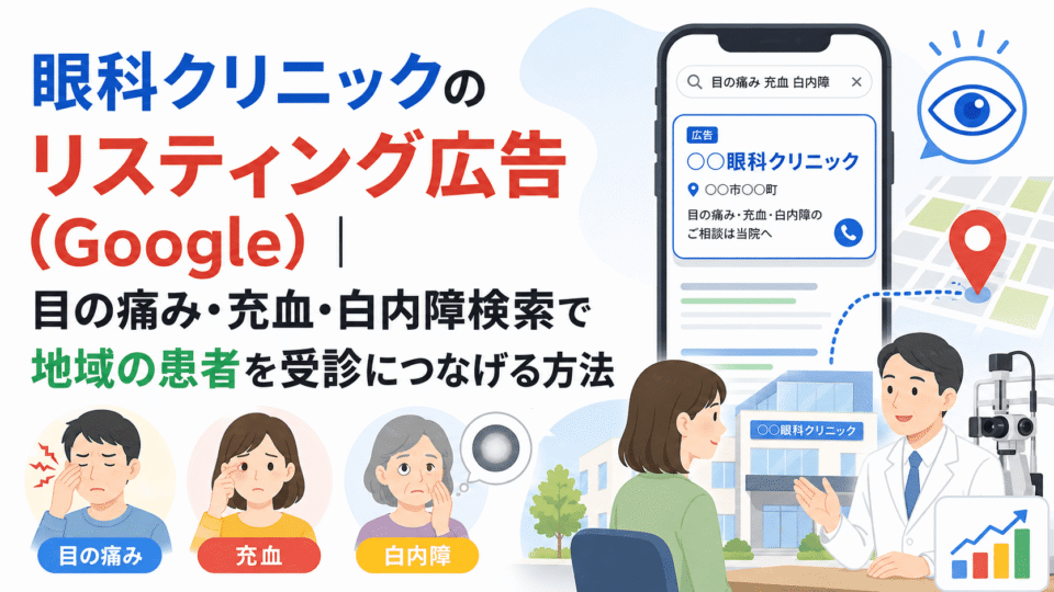 眼科クリニックのGoogleリスティング広告で、目の痛み・充血・白内障検索から地域の患者を受診につなげる流れを表した画像