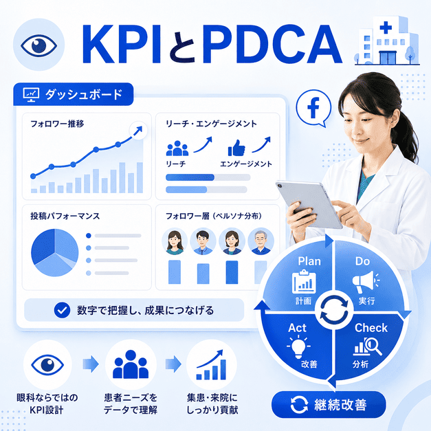 眼科クリニックのFacebook運用をKPIダッシュボードとPDCAサイクルで継続改善する様子を示す画像