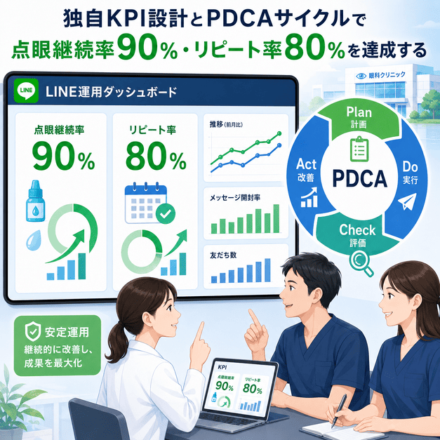 点眼継続率90％やリピート率80％を目標にKPIとPDCAでLINE運用を改善するイメージ