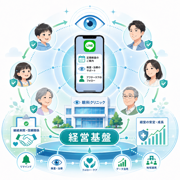 眼科クリニックのLINE運用が患者の視力を生涯守り経営基盤になるイメージ