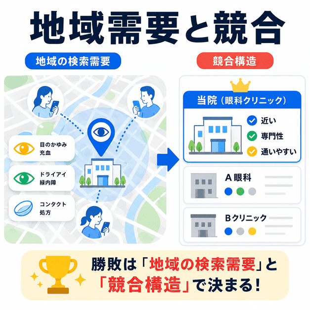 眼科クリニックのGoogle広告で、地域の検索需要と競合構造が成果を左右することを示した図解