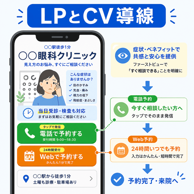 眼科LPで当日受診・電話予約・Web予約へ迷わず進めるCV導線を示したスマホ画面風の図解