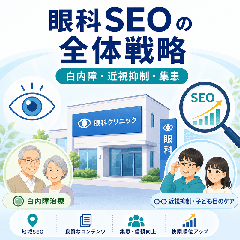 眼科SEOの全体戦略として白内障治療と近視抑制を軸に集患する流れを示した図