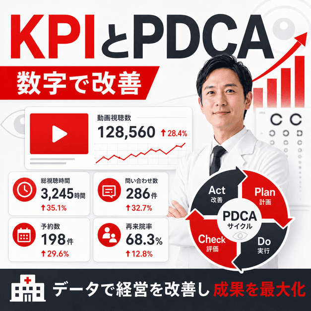 視聴数、問い合わせ数、予約数、再来院率などをKPIとして管理しPDCAで改善する眼科YouTube運用の図