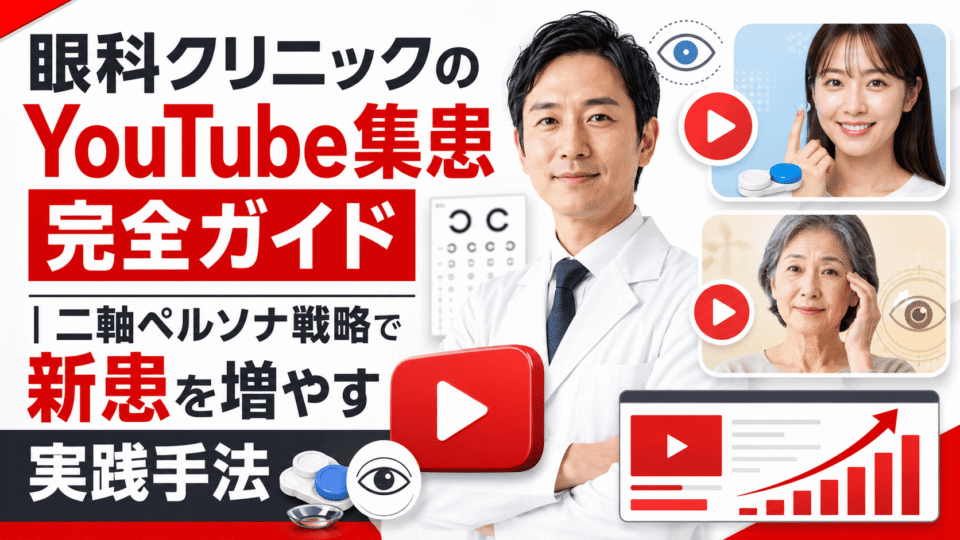 眼科クリニックのYouTube集患について、医師と二軸ペルソナ、動画配信、成長グラフで表現したアイキャッチ画像