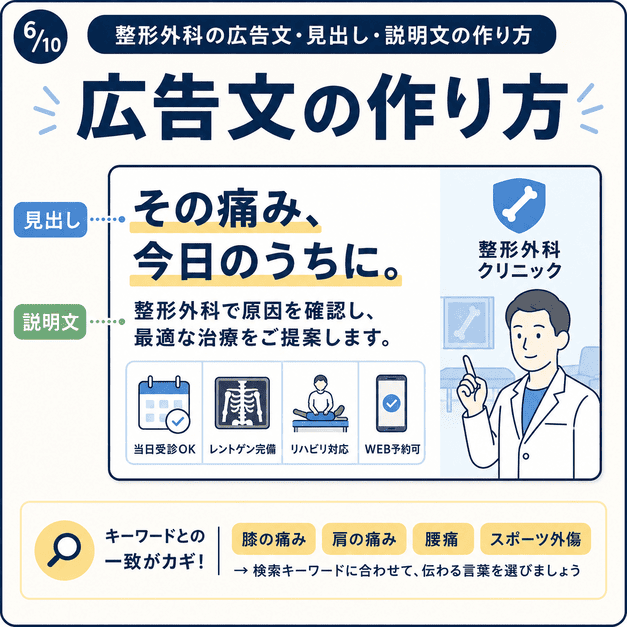 整形外科広告の見出し・説明文・検索キーワードとの一致を広告カード風に示したイラスト