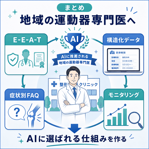 E-E-A-T、構造化データ、症状別FAQ、モニタリングを組み合わせて地域の運動器専門医としてAIに選ばれる仕組みを示した総まとめ図