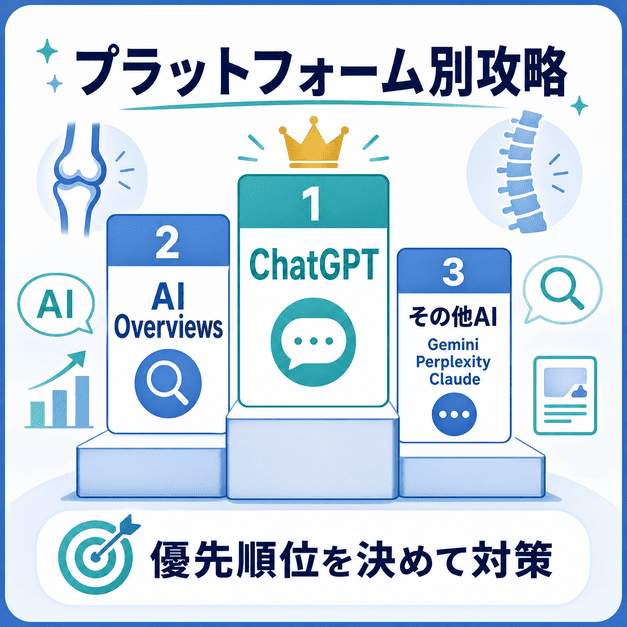 ChatGPT、AI Overviews、その他AIへの対策優先順位を整理した整形外科向けプラットフォーム別攻略の図解