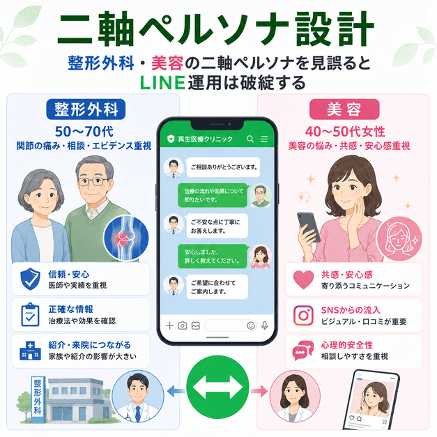 整形外科再生医療と美容再生医療の二軸ペルソナを分けてLINE配信を設計する重要性を示したイラスト