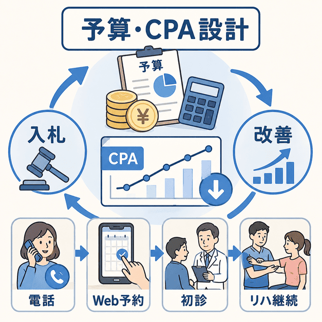 整形外科クリニックの広告予算、入札、CPA計測、改善サイクルを示したイラスト