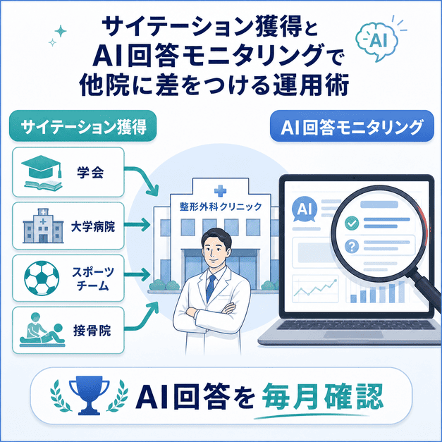 学会、大学病院、スポーツチーム、接骨院からのサイテーション獲得とAI回答モニタリングを示した図解