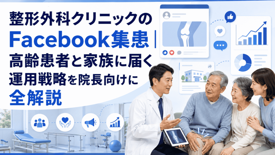 整形外科クリニックのFacebook集患戦略を、医師と高齢患者、家族、SNS運用の図解で表したアイキャッチ画像
