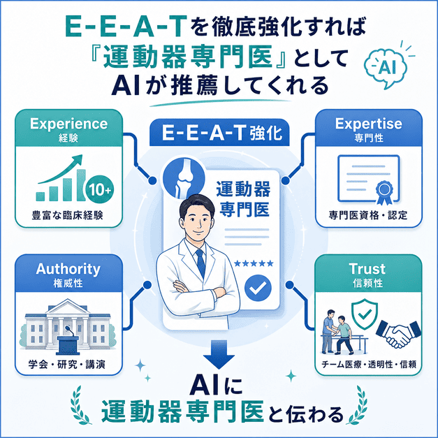 E-E-A-Tを強化することで整形外科医が運動器専門医としてAIに認識される流れを示した図解