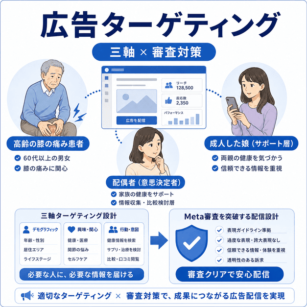 高齢患者、配偶者、娘世代の三軸ターゲティングと広告審査対策を図解したイラスト
