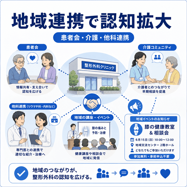 整形外科クリニックが患者会、介護コミュニティ、他科連携を通じて地域認知を広げる様子を示したイラスト