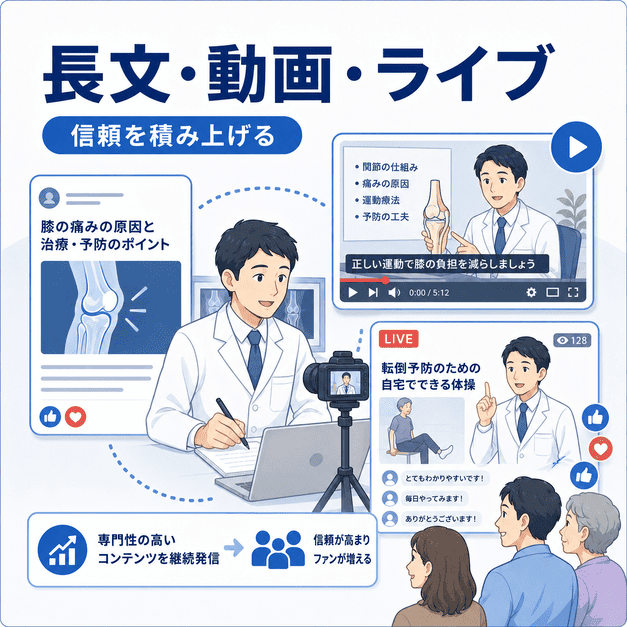 整形外科医が長文投稿、動画、ライブ配信で専門性と信頼を積み上げる様子を示したイラスト