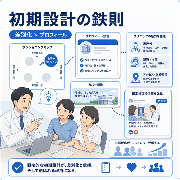 整形外科クリニックのFacebookページ初期設計で、差別化やプロフィール設計を整理する様子を示したイラスト