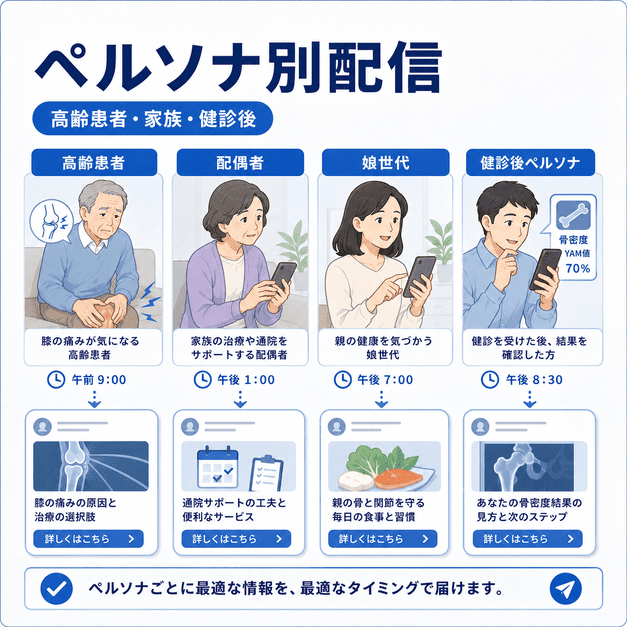 高齢患者、配偶者、娘世代、健診後ペルソナごとに配信内容とタイミングを分ける設計を示したイラスト