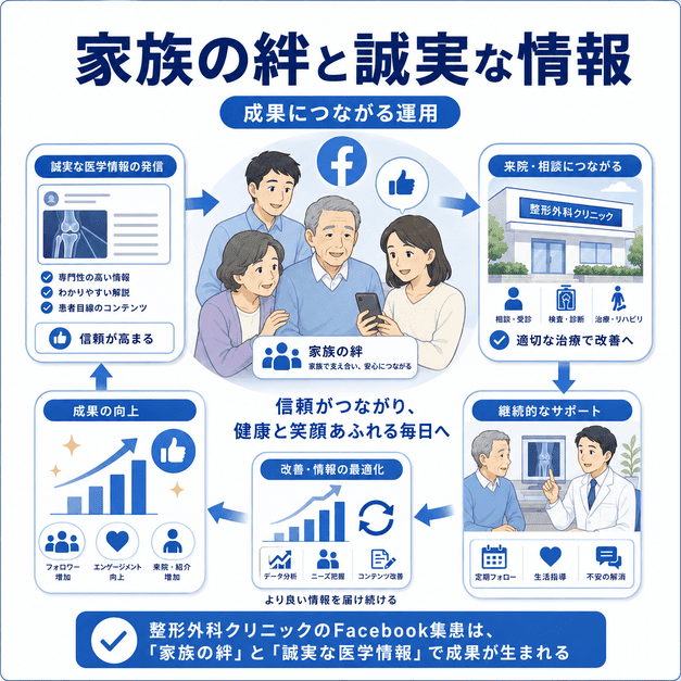 家族の絆と誠実な医学情報によって、整形外科クリニックのFacebook集患成果が生まれる流れを示したまとめイラスト