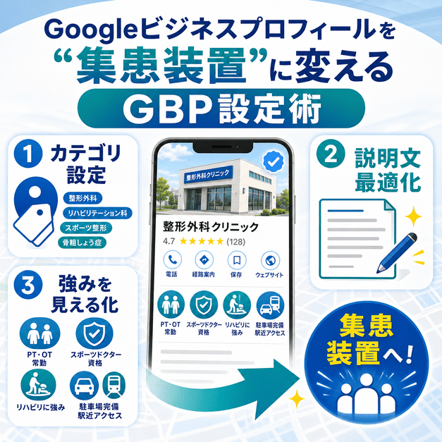 Googleビジネスプロフィールを集患につなげるために、カテゴリ設定や説明文、リハビリ体制などの強みを整える方法を示した図