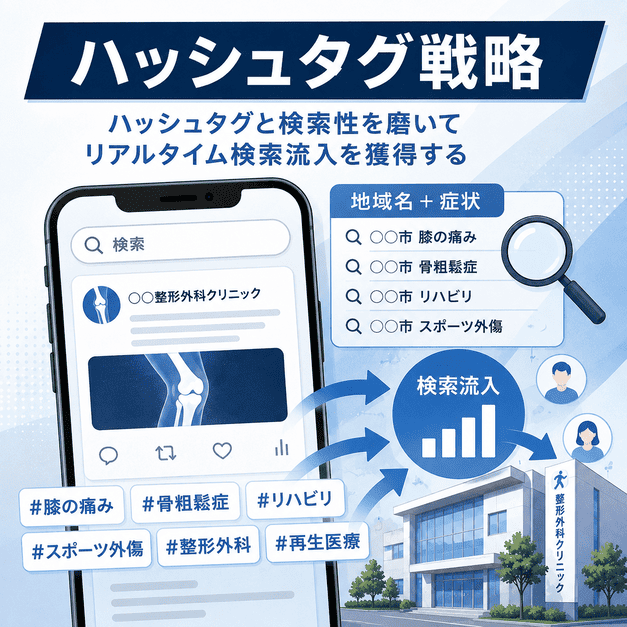 地域名や症状名、整形外科関連ハッシュタグを活用してリアルタイム検索流入を増やす様子を示したイラスト