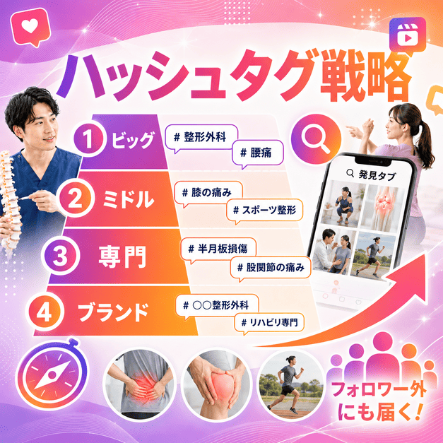 整形外科Instagram運用でビッグ、ミドル、専門、ブランドの4階層ハッシュタグを使い発見タブへ広げるイラスト