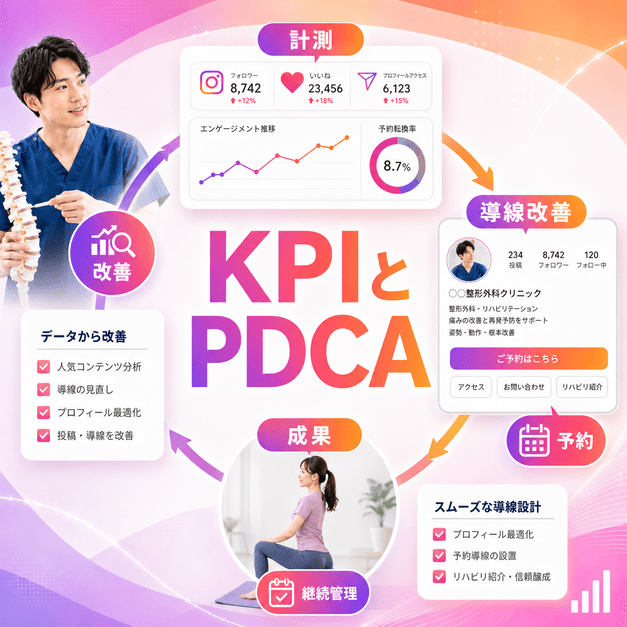 KPIダッシュボード、プロフィール導線、予約、継続管理をPDCAで改善する整形外科Instagram運用のイラスト