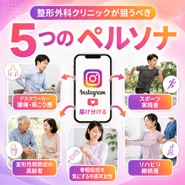 腰痛肩こり層、スポーツ実践者、高齢者、骨粗鬆症を気にする女性、リハビリ継続層の5つのペルソナを示すイラスト