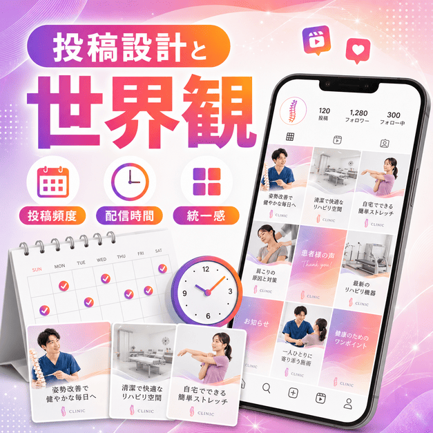投稿頻度、配信時間、統一感のある投稿デザインで整形外科クリニックの世界観を作るイラスト