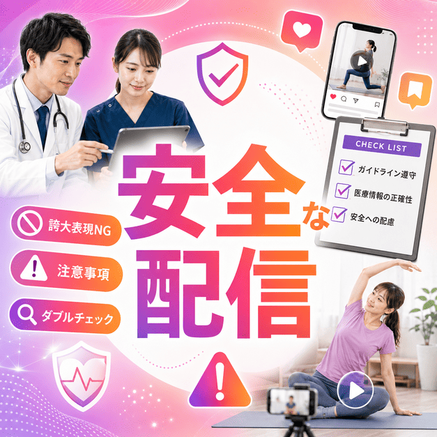 医師とスタッフがチェックリストで医療広告ガイドラインや安全性を確認しながらリハビリ動画を配信するイラスト