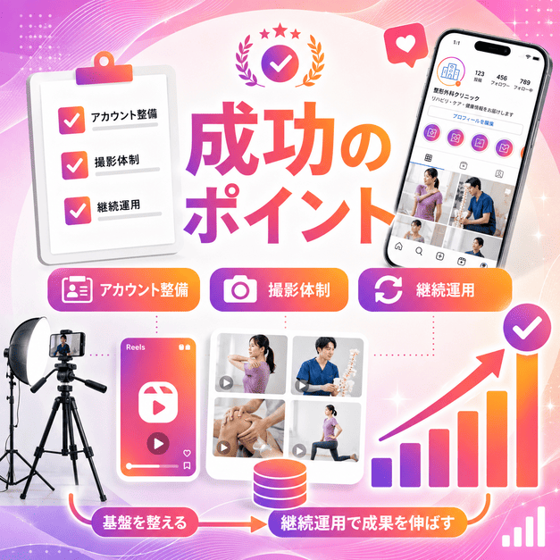 アカウント整備、撮影体制、継続運用を整えて整形外科Instagram集患を成功に近づけるポイントを示すイラスト