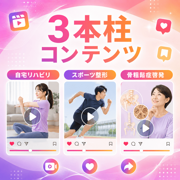 自宅リハビリ動画、スポーツ整形、骨粗鬆症啓発の3本柱でInstagram投稿を設計するイラスト
