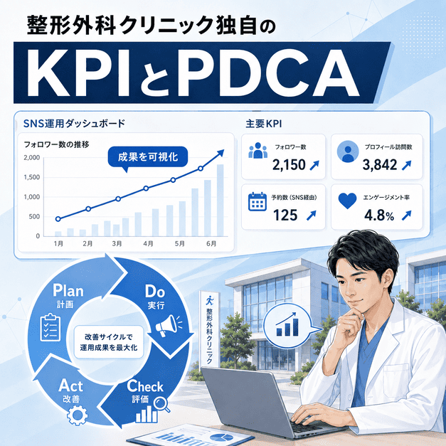 整形外科クリニックのX運用成果をKPIダッシュボードとPDCAサイクルで改善する様子を示したイラスト