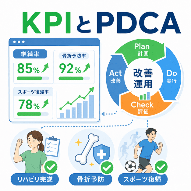 リハビリ完遂率、骨折予防率、スポーツ復帰率をKPIで測定しPDCAで改善する運用を表したイラスト
