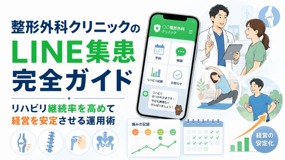 整形外科クリニックがLINEでリハビリ継続支援や痛み記録、予約相談を行い、経営安定につなげる運用全体を表したアイキャッチ画像