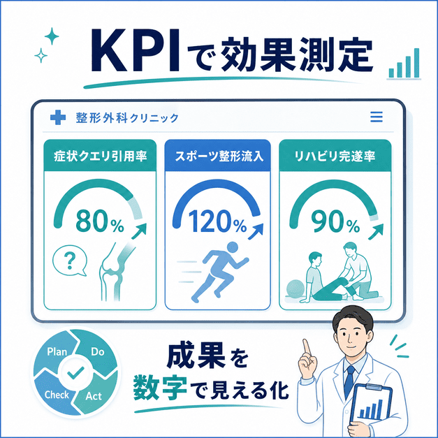 症状クエリ引用率、スポーツ整形流入、リハビリ完遂率をKPIとして測定する整形外科LLMOの効果測定図
