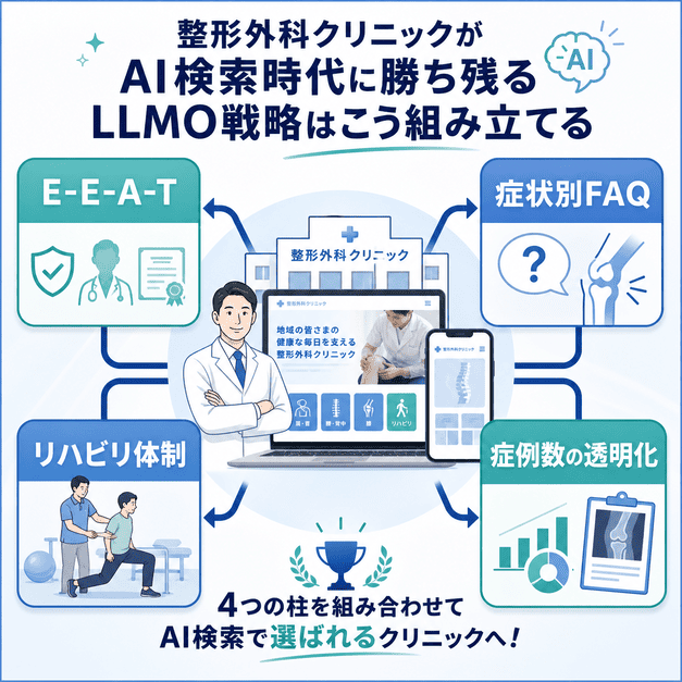 整形外科クリニックのLLMO戦略をE-E-A-T、症状別FAQ、リハビリ体制、症例数の透明化の4つの柱で示した図解