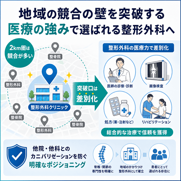 半径2km圏内で競合する整形外科や整骨院の中で、医師の診断や画像検査、リハビリによって差別化する流れを示した図