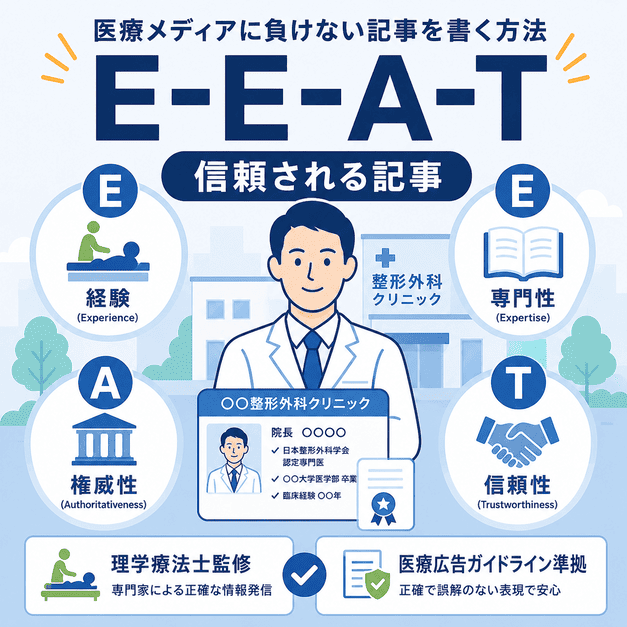 ロングテール戦略、部位別ハブ、E-E-A-T、Web順番受付、継続率改善を統合して地域の運動器かかりつけ医を目指す総まとめ図