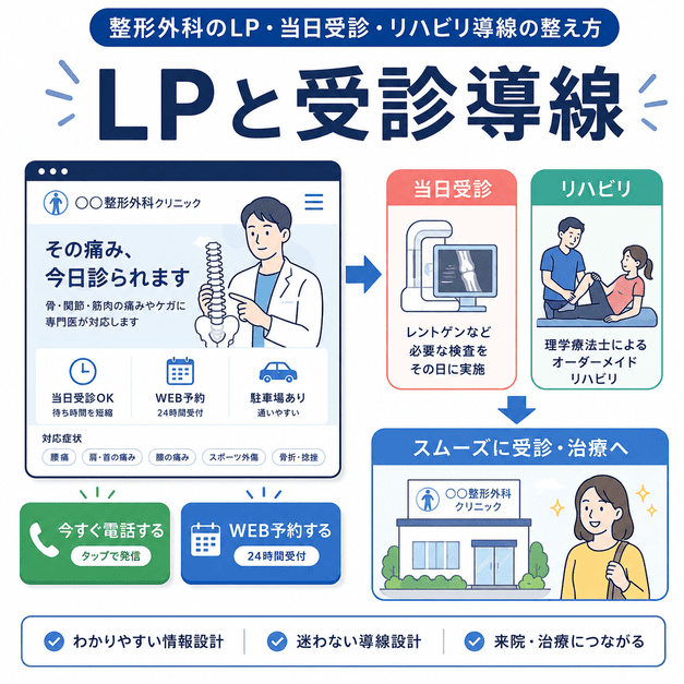 整形外科のLPから当日受診、Web予約、電話、リハビリ導線へつなげる流れを示したイラスト