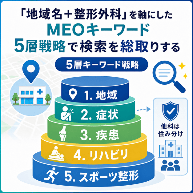 地域名と整形外科を軸に、症状、疾患、リハビリ、スポーツ整形まで広げる5層キーワード戦略を示した図