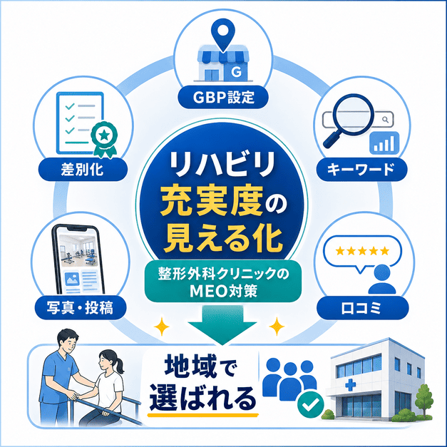 GBP設定、キーワード、口コミ、写真投稿、差別化を連動させてリハビリ充実度を見える化し、地域で選ばれる整形外科を目指す総まとめ図