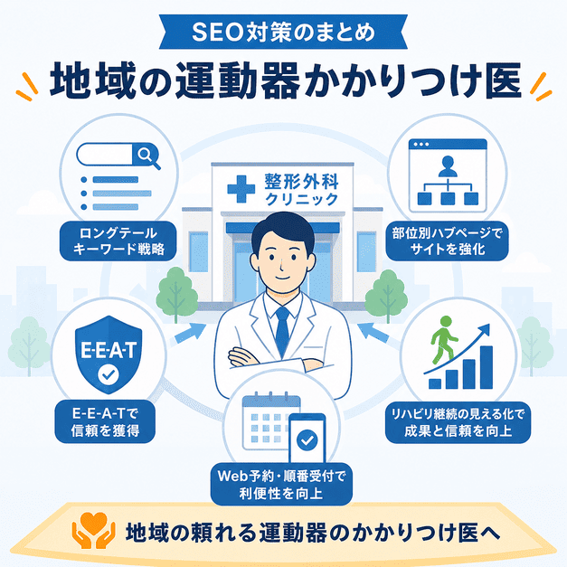 高齢者、働き盛り、スポーツ層、親世代、女性の5タイプに分けて整形外科の検索キーワードを整理する図解