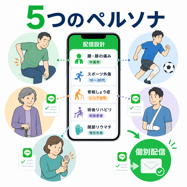 腰痛やスポーツ外傷、骨粗鬆症、術後リハビリなど5つの患者ペルソナに分けてLINE配信を設計する様子を表したイラスト