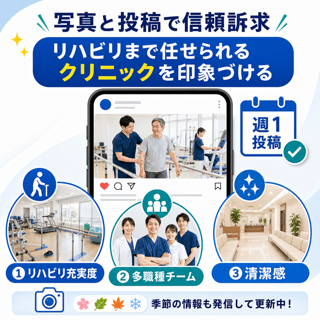 リハビリ室の写真、多職種チーム、清潔な院内、週1回の投稿によって信頼感を伝える方法を示した図