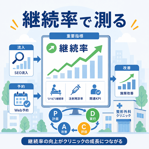 整形外科クリニックのSEO効果を新規流入だけでなくリハビリ継続率や再診率で測る考え方を示した図解