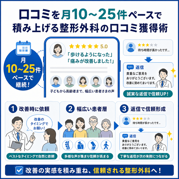 整形外科で改善実感の口コミを月10〜25件のペースで集め、丁寧な返信で信頼を高める流れを示した図