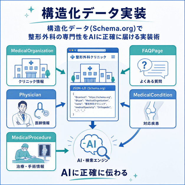 構造化データで整形外科クリニックの医療機関情報、医師情報、FAQ、対応疾患、治療情報をAIに伝える仕組みを示した図解