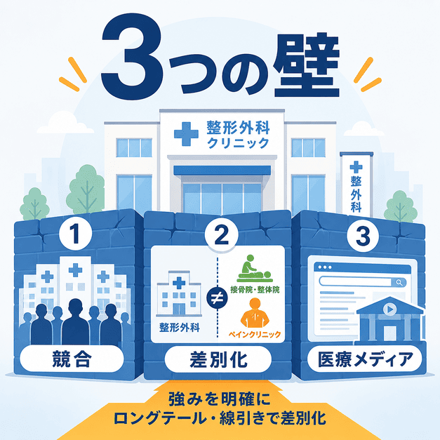 整形外科クリニックがSEOで直面する競合、差別化、医療メディアの3つの壁を図解したイラスト