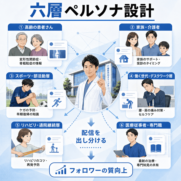 高齢者本人、家族層、スポーツ層、職業性疾患層、リハビリ継続層、医療従事者の六層ペルソナを整理したイラスト